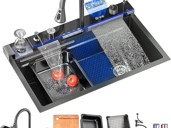 حوض مطبخ ذكي مع شاشة رقمية من الستانلس ستيل النانو 304 مع شلال، صنبور قابل للسحب، غسالة اكواب مضغوطة