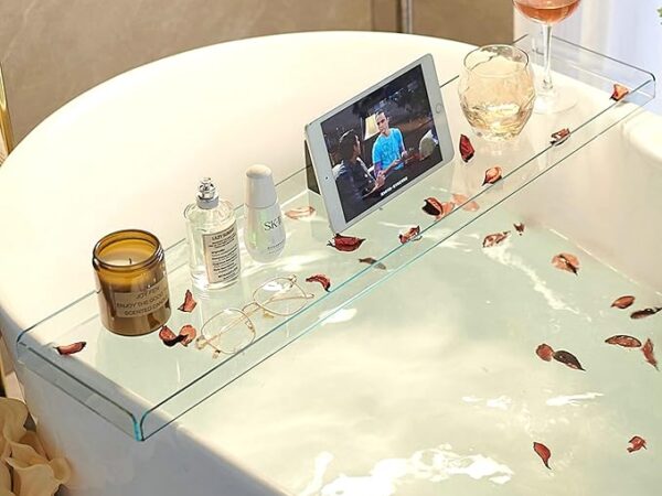 رف صينية بانيو حامل ادوات استحمام برف للقراءة او تابلت بلون ازرق مستطيلي من شونلي اكريليك وخشب الخيزران